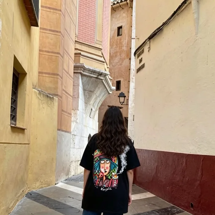 Someone wearing an OTE shirt with Hind's artwork on the back, walking down an old alley.