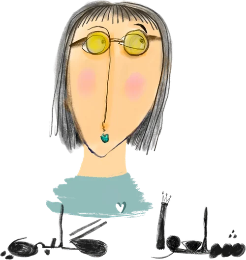 One of Hind's characters: a woman with a grey bob and yellow glasses, with an Iraqi saying hand-lettered beside her.