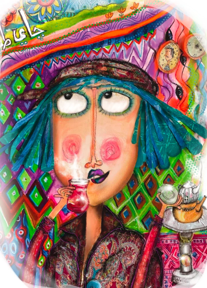 Hind's painting of a woman in a bright patterned headscarf sipping tea from a small cup, a teapot on a stand beside her.