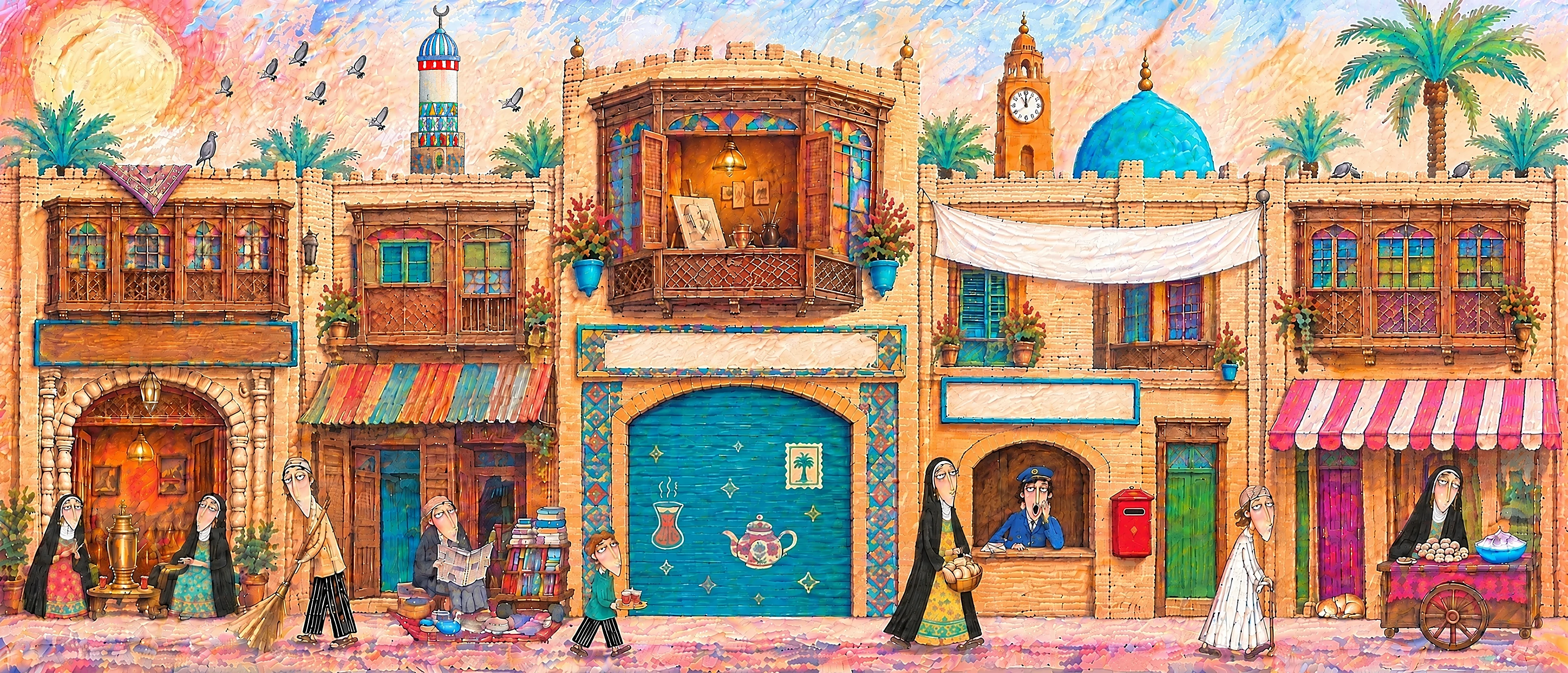 An old Baghdad street at sunrise, illustrated in the style of Hind's artwork: a lamplit tea house, a pavement book stall, a closed teal shop shutter painted with a tea cup and a teapot under a carved wooden shanasheel window, a sleepy postman at the post office window, a breakfast cart under a striped awning, and a tiled minaret, the old clock tower and a turquoise dome against a peach sky.